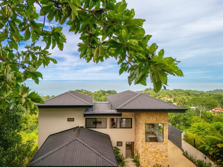 Aerial drone view of Villa Del Cielo with the Pacific Ocean in the background, Farmstead Collection