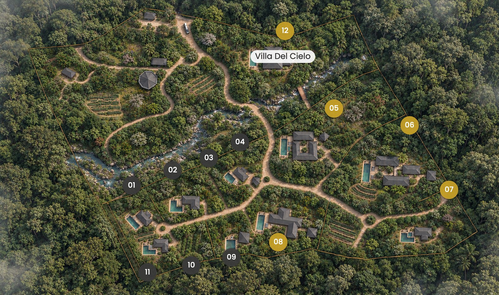 Farmstead Collection master plan rendering showing numbered homesites and Villa Del Cielo